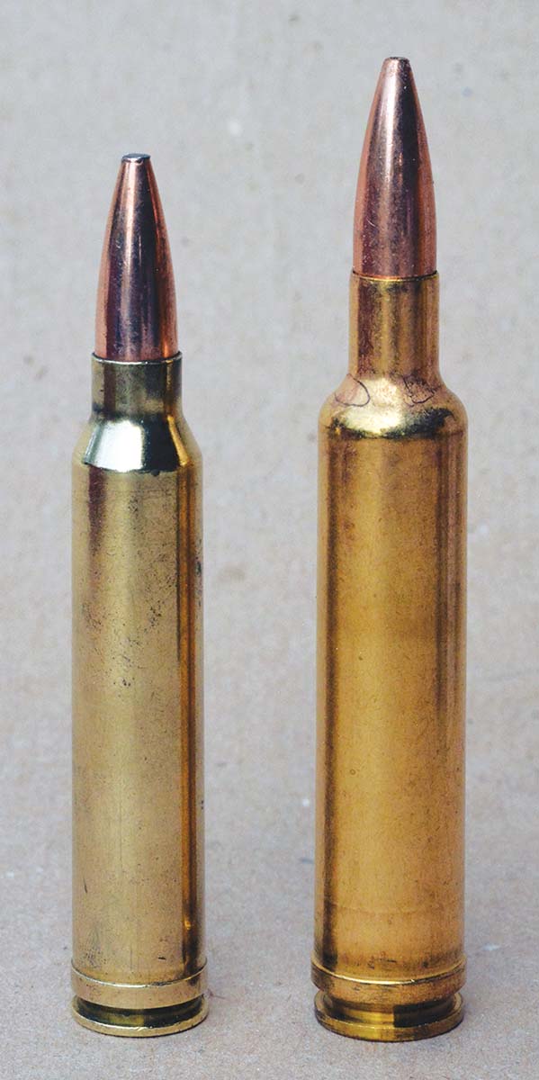 For comparison, the 300 Winchester Magnum (left) is almost dwarfed by the big 30-378 Weatherby Magnum (right).